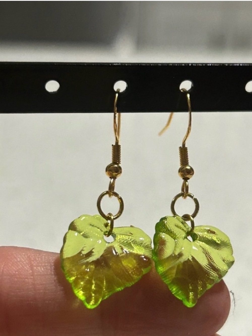 Gold Hook Green Leaf Dangle Earrings - Picture 2 of 3